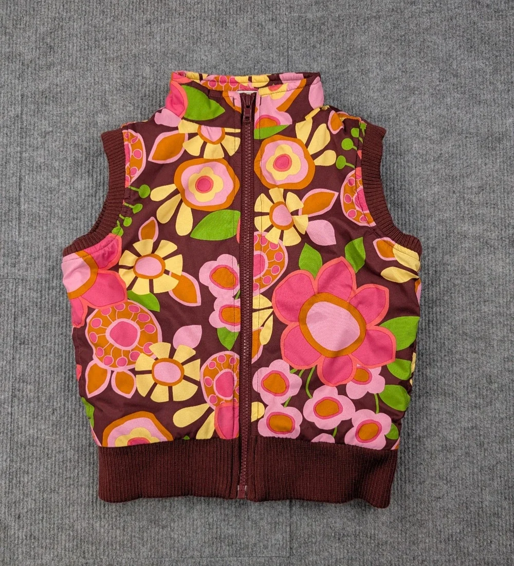 Hanna Andersson Puffer Vest Girls 5 110 Floral Retro Full Zip Y2K 70s Whimsical